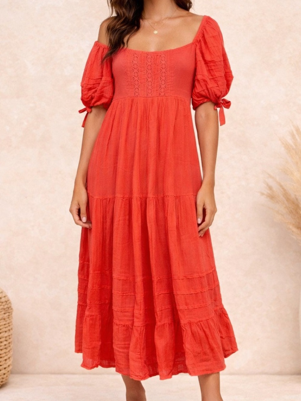 Free People Coral Red Puff-Sleeve Maxi Dress